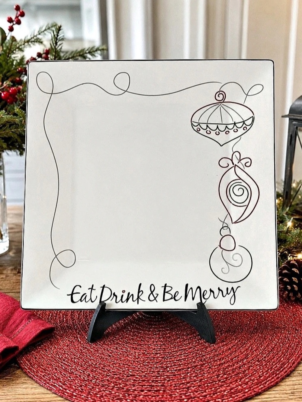 Food Network Eat Drink & Be Merry 14” Square Christmas Serving Platter